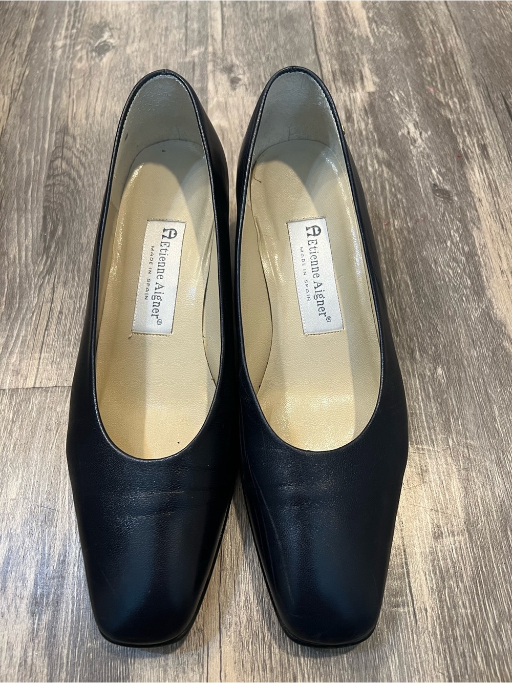 Etienne Aigner Vintage Navy Blue Leather Pumps Block Kitten Heel Made in Spain
